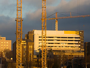 Construction cranes in Seattle.