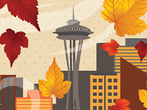 Leaves and the Seattle skyline
