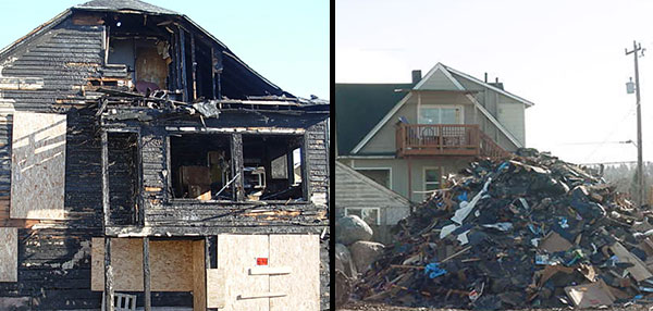 A burned out house and a torn down house.