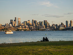 Seattle skyline with Puget Sound in front.