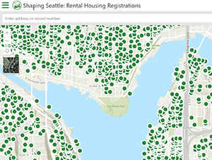 A screenshot of a map identifying registered rental housing in Seattle.