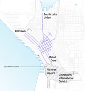 Map of downtown identifying Pioneer Square, Retail Core, Chinatown/International District, South Lake Union, and Belltown.