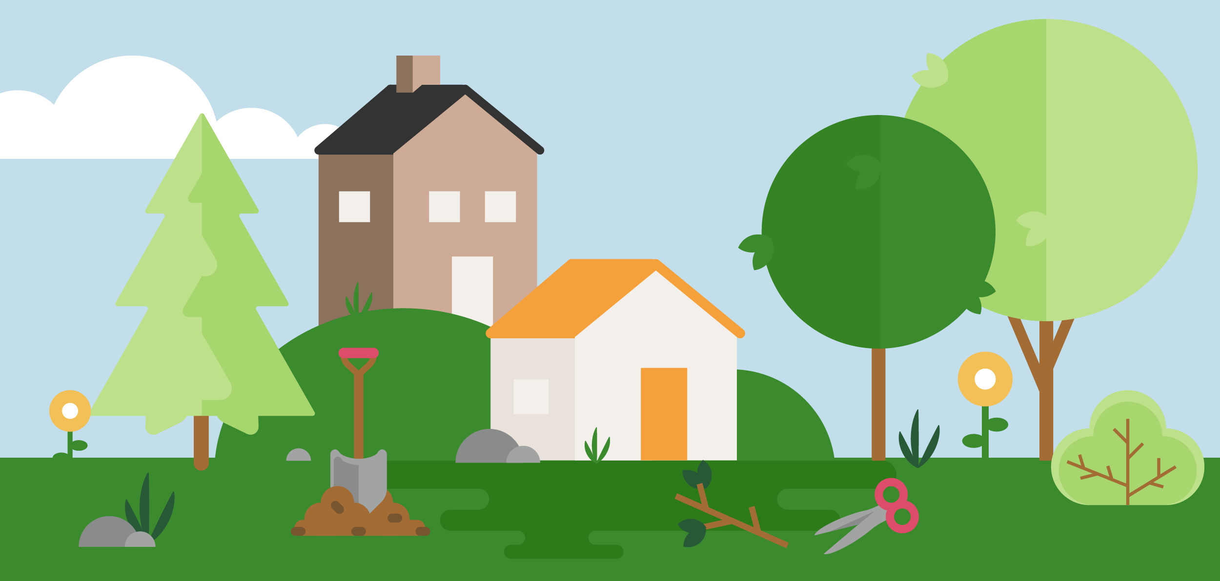 Illustration of house with trees and a pair of pruners.