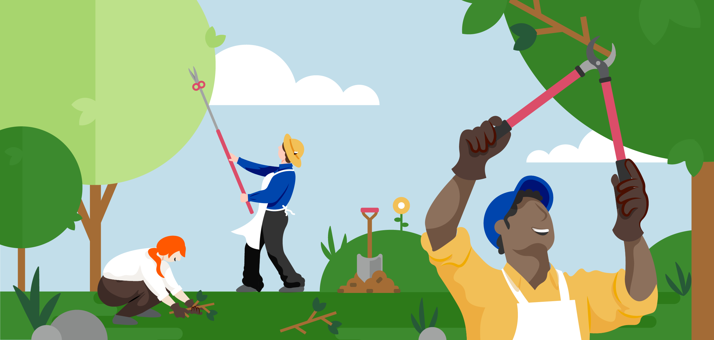Illustration of a landscape crew pruning trees.