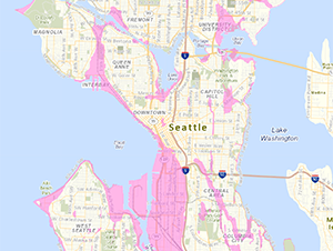 A map showing the liquefaction prone areas in central Seattle. 