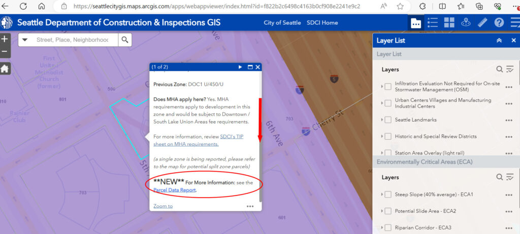 Screenshot of the new Parcel Data pop-up in the GIS map.