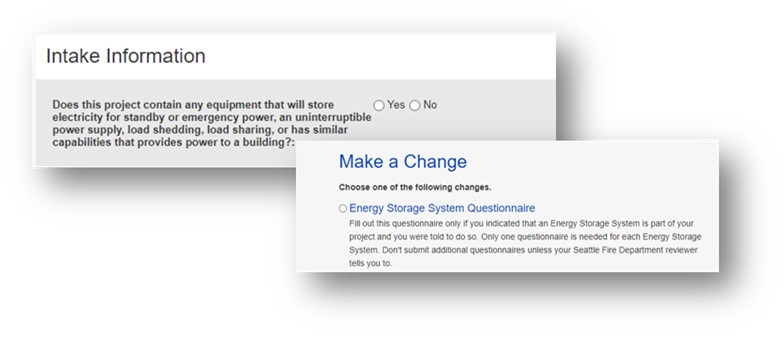 Screenshot from the Seattle Services Portal showing energy storage system questions.