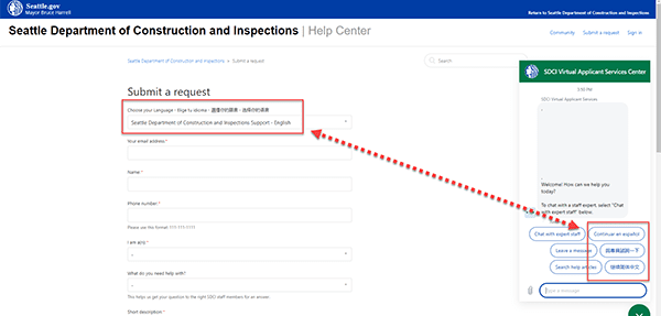 Screenshot showing different in-language support options for chat and help tickets.