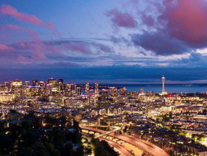 Aerial view of Seattle at sunset.